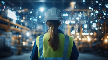 Poster - Worker in safety gear observes a high-tech warehouse with digital overlays showcasing inventory data