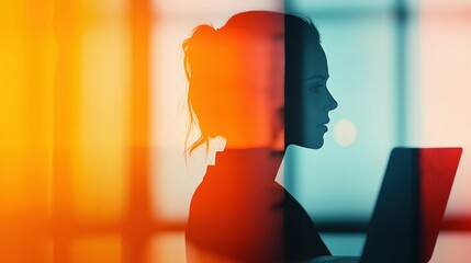 Poster - A woman's silhouette, colored with orange and blue gradients, next to a laptop.