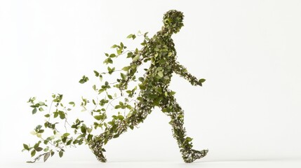 Poster - Silhouette of a person made of leaves and twigs walking against a white background during daylight