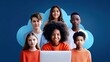 © NovaVision - A diverse group of teens is happily posing in front of a large cloud with a visible laptop.