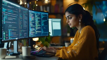 A young woman intently works on coding at a dual-monitor setup in a cozy, modern workspace. The scene captures the concentration and dedication of a developer immersed in her programming task 