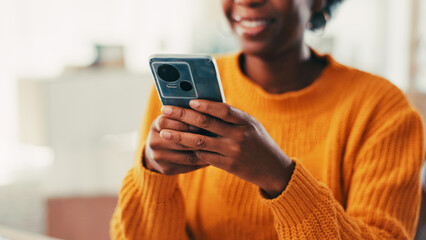 Poster - Phone, hands and woman with smile, website search and article for weekend break. Apartment, living room and person with cellphone, social media or online reading for ebook or internet entertainment