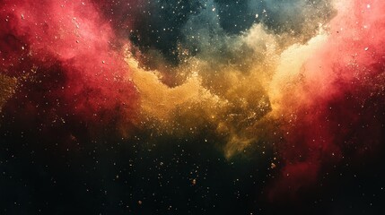 abstract cosmic nebula with red, orange, and teal clouds and gold dust.