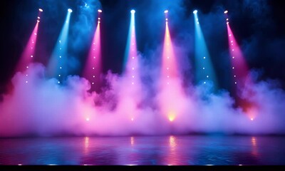 Wall Mural - Colorful Stage Lights with Smoke and Abstract Atmosphere for a Dynamic Performance or Entertainment Event