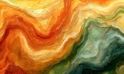 Wall Mural - Vibrant Abstract Waves of Colorful Fluid Textures in Orange Green and Brown Tones Creating a Dynamic Artistic Background Design