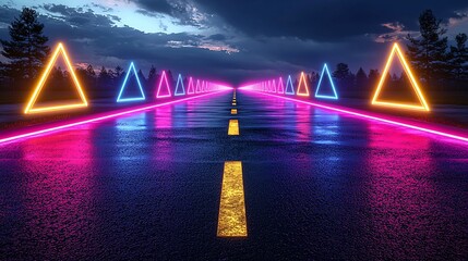 Poster - Neon Road at Night Futuristic Highway