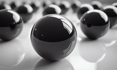 Sticker - Close-Up View of Shiny Black Spheres Arranged on a Reflective Surface Creating a Minimalist and Modern Geometric Composition