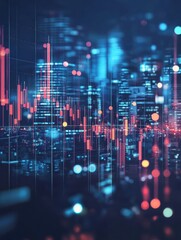 Poster - Abstract glowing big data forex candlestick chart on blurry city backdrop. Trade, technology, investment and analysis concept. Double exposure illustration