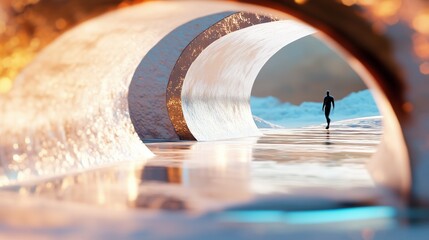 Poster - Surreal view of a figure walking through an abstract tunnel by the ocean at sunset near the waves