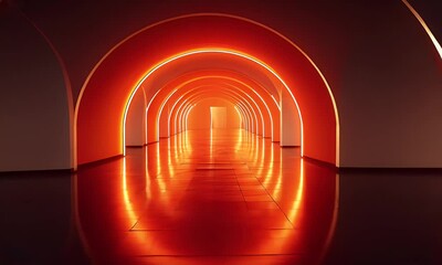 Wall Mural - Glowing Red Arched Corridor with Soft Illumination and Reflective Surface Creating an Abstract Atmosphere in a Contemporary Interior Space