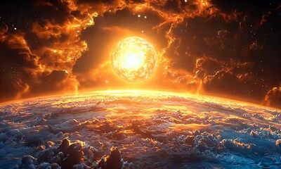 Wall Mural - Stunning Celestial Scene of a Fiery Sun Rising Over a Vivid Blue Earth Surrounded by Dynamic Atmospheric Clouds in Outer Space