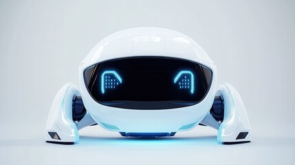 Poster - futuristic ai companion sleek white robot with expressive led face engaged in conversation clean minimalist design friendly tech interface illustration