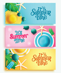 Fototapete - Summer time vector banner set. It's summer time text with leaves, popsicle and hat tropical season elements for sunny holiday collection design. Vector illustration.
