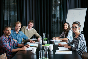 Poster - Portrait, group and happy business people in meeting for coworking, about us or collaboration in startup office. Face, diverse team or creative staff with manager, writer or workers together at table