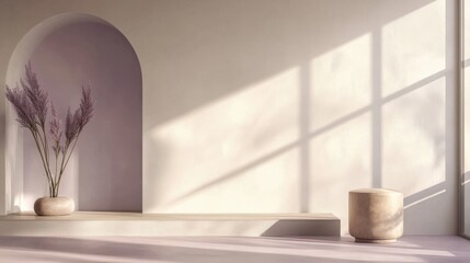 Poster - Soft beige tones combined with muted lavender, with clean abstract shapes and fine geometric lines, creating a minimalist and modern presentation backdrop. illustration