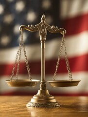 Poster - Scales of justice symbolize balance of power in front of a flag representing national values and legal integrity