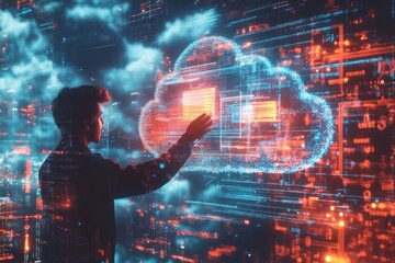 Poster - A businessman in a sleek outfit interacts with a luminous cloud interface, surrounded by dynamic data visuals in a futuristic city
