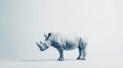 Poster - Rhinoceros with detailed gray skin standing in minimalistic light shadows against a simple white background in a serene setting