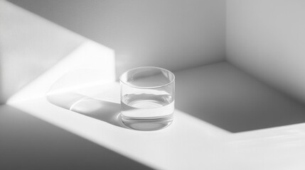Poster - A glass of water stands alone in a minimalistic space, illuminated by soft light, creating gentle shadows and highlighting clear reflections