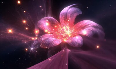 Wall Mural - Vibrant Abstract Flower with Glowing Sparks and Soft Light Effects Set Against a Dark Cosmic Background