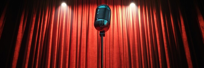 Aufkleber - Rustic microphone poised for speech under spotlight against dramatic red curtain on theater stage