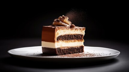 Poster - A slice of classic tiramisu cake on a white plate, cocoa dusting on top, side view with soft lighting