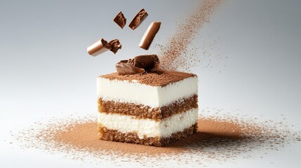 Poster - Close-up of creamy tiramisu slice with cocoa powder, layered texture visible, elegant dessert presentation