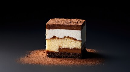 Poster - Close-up of creamy tiramisu slice with cocoa powder, layered texture visible, elegant dessert presentation