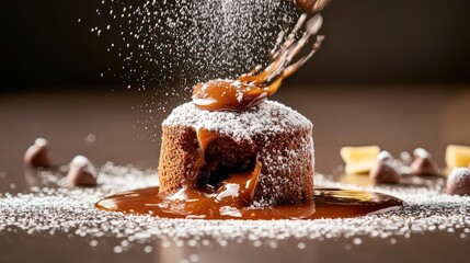 Poster - Close-up of gooey lava cake with melted center and powdered sugar accent, pure indulgence