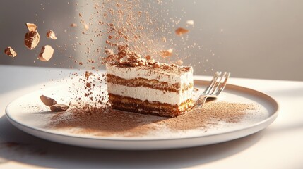 Poster - Decadent slice of tiramisu on a clean plate, surrounded by cocoa powder and dessert fork