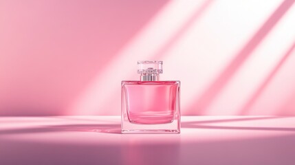Poster - Elegant fragrance container with square shape and pink interior set against pink beam lighting