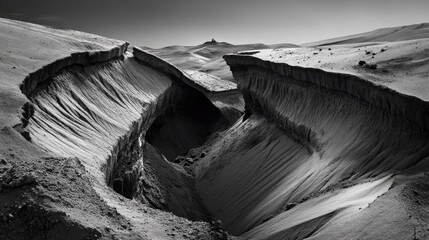 Poster - Fractured land surface in black and white with jagged fissure slicing through dry soil