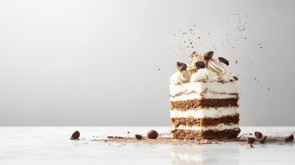 Poster - Gourmet tiramisu slice placed on a marble countertop, minimal style with cocoa accents