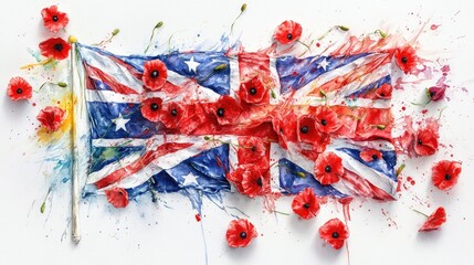 Poster - Hand-painted style watercolor of fluttering Aussie flag with scattered red poppies, symbolic piece