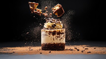Poster - Italian tiramisu dessert portion with rich texture, close-up with artistic cocoa sprinkle