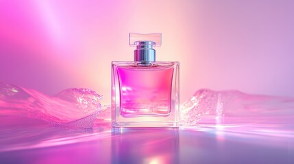 Aufkleber - Refined perfume design with square crystal-clear bottle and pink fluid glowing under chic pink light