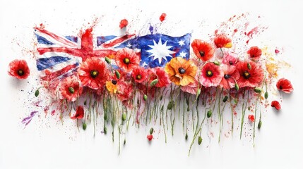 Poster - Soft watercolor of poppies blending into waving Australian flag, honoring fallen soldiers on Anzac Day