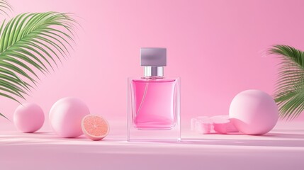 Poster - Stylish perfume bottle with light pink liquid and clean lines placed on soft pink background