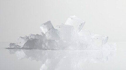 Poster - Translucent crushed ice cubes arranged in a pile, white surface and soft reflection