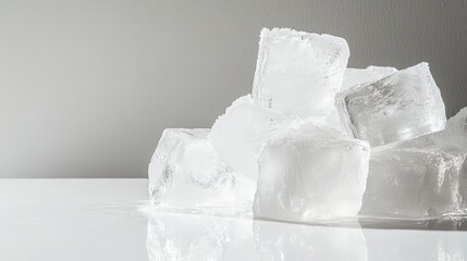 Poster - Translucent crushed ice cubes arranged in a pile, white surface and soft reflection