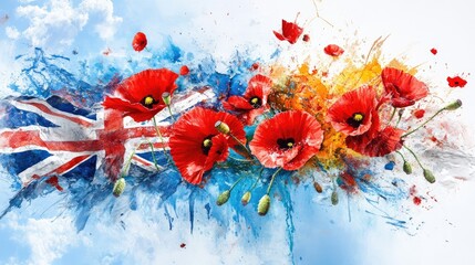 Poster - Watercolor blend of blue Australian flag and red poppies, evoking remembrance and national pride