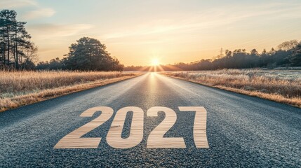 Aufkleber - Road leading to 2027 with wooden numbers against a beautiful sunset, representing the journey towards the future