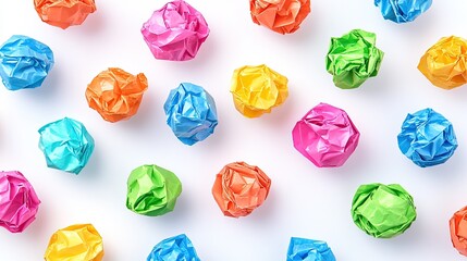 Poster - Colorful Crumpled Paper Balls on White Background for Creative Use