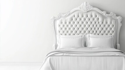Poster - Elegant White Bed with Ornate Headboard and Soft Linens for Relaxation