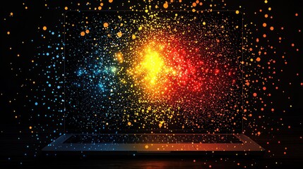 Poster - Digital Burst: A laptop screen explodes with vibrant, colorful particles, symbolizing innovation, energy, and technological advancement.