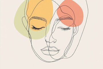 Poster - Minimalistic line art face drawing with abstract pastel colors in a serene setting showcasing contemporary fashion aesthetics