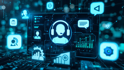 analyzing customer support digital interface with headset icon and statistics