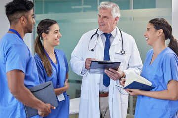 Aufkleber - Healthcare, tablet or doctor with nurses at hospital for surgery schedule, planning or learning support. Clinic, teamwork or mature mentor surgeon with intern group for digital, checklist or teaching
