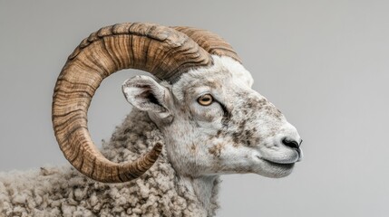 Poster - Majestic ram with large curved horns poses elegantly in profile against a white studio background showcasing its textured wool