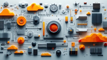 Poster - Abstract composition of orange and gray geometric shapes with tech elements and clouds